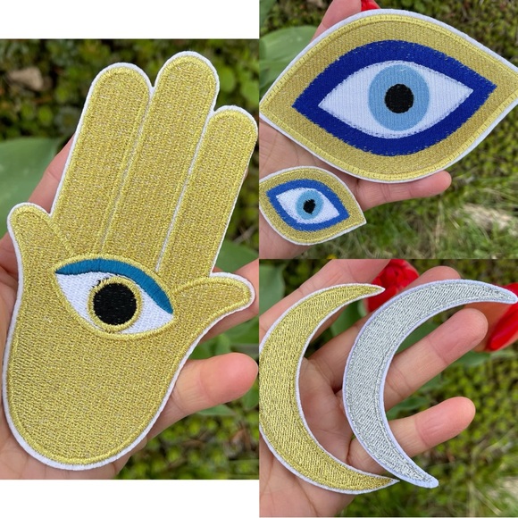 Set of 5 Iron on Patches Hamsa Hand iron on patches Evil Eye Patch Moon Patch - Picture 1 of 4